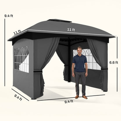 11' x 11' Outdoor Gazebo, Double Roof Patio Gazebo with Curtains, Church Windows, Galvanized Steel Frame, Dark Gray