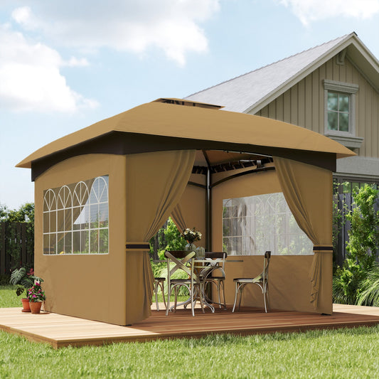 11' x 11' Outdoor Gazebo, Double Roof Patio Gazebo with Curtains, Church Windows, Galvanized Steel Frame, Beige