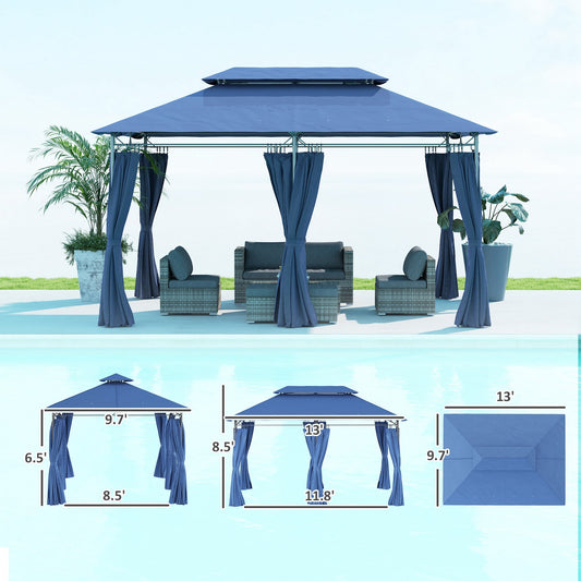 10' x 13' Double Roof Patio Gazebo, Outdoor Gazebo with Curtains, for Garden, Lawn, Backyard and Deck, Dark Blue