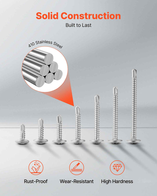 #8 Self Drilling Wood Screws, 3/4 Inch Long 350 PCS Truss Head Wood Screws, Phillips Drive Quick Metal Self Tapping Screw, Stainless Steel and Full Thread, Screwdriver Bit Included, Silver