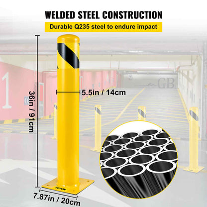 Safety Bollard, 36 Inch Height Bollard Post, 5.5 Inch Diameter Steel Pipe Safety Bollard Post, Yellow Steel Bollard, Steel Safety Bollard with 8 Anchor Bolts, Perfect for Traffic-Sensitive Area