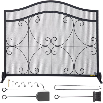 Fireplace Screen, 38 x 26.5 Inch,Heavy Duty Iron Freestanding Spark Guard with Support, Metal Mesh Craft, Broom Tong Shovel Poker Included for Fireplace Decoration & Protection, Black