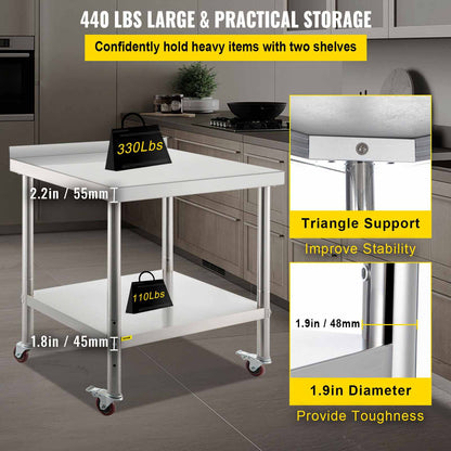 Stainless Steel Prep Table, 30 x 24 x 35 Inch, 440lbs Load Capacity Heavy Duty Metal Worktable with Backsplash Adjustable Undershelf & 4 Casters, Commercial Workstation for Kitchen Restaurant
