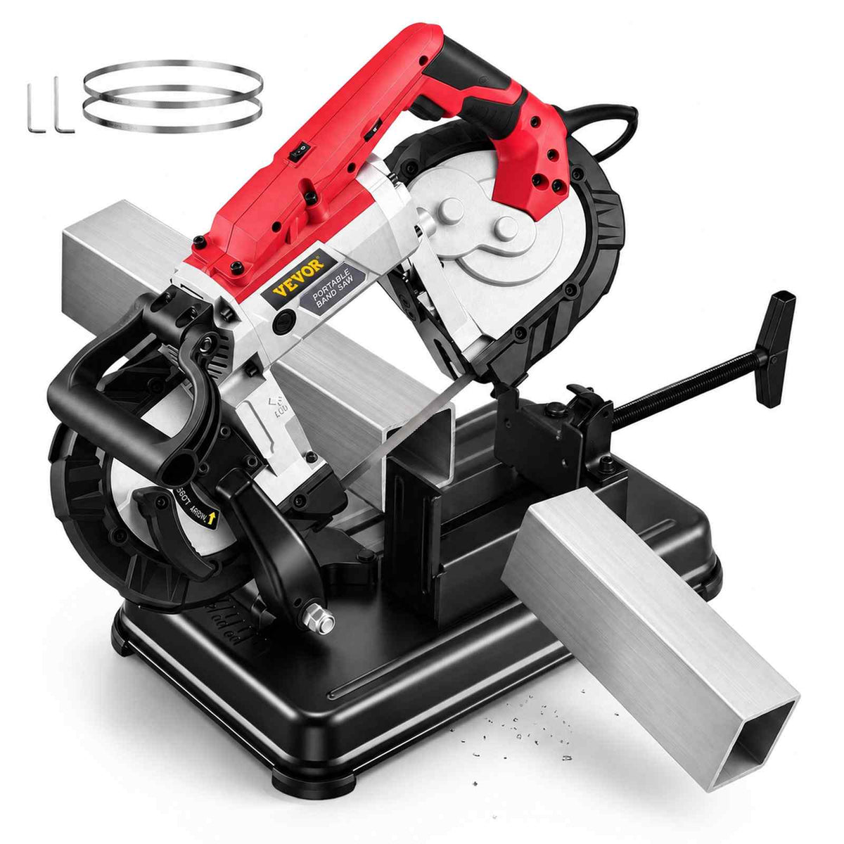 Portable Band Saw, 110V 10-Amp Corded Tool with Removable Steel Base, 5-Inch Capacity, 6-Level Variable Speed, 0 to 45 Degree Angle, Deep-Cut Band Saw for Steel, Aluminum, Iron, Wood and PVC
