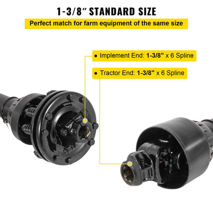 PTO Shaft, 1-3/8” PTO Drive Shaft, 6 Spline Both Ends PTO Driveline Shaft, Series 6 Tractor PTO Shaft, 47”-67” Brush Hog PTO Shaft, Black PTO Shaft with Slip Clutch for Bush Hog/Finish Mower