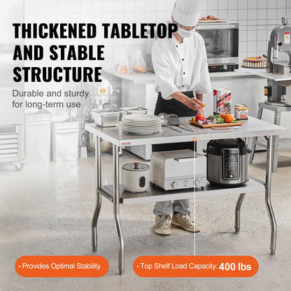 Folding Commercial Prep Table, 48 x 24 Inch Commercial Worktable Workstation with Undershelf, Heavy-duty Stainless Steel Folding Table with 300 lbs Load, for Home Kitchen Restaurant Garage