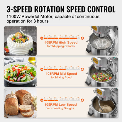 Commercial Food Mixer, 30Qt Commercial Mixer with Timing Function, 1100W Stainless Steel Bowl Heavy Duty Electric Food Mixer Commercial with 3 Speeds Adjustable 108/199/382 RPM, Dough Hook Whisk