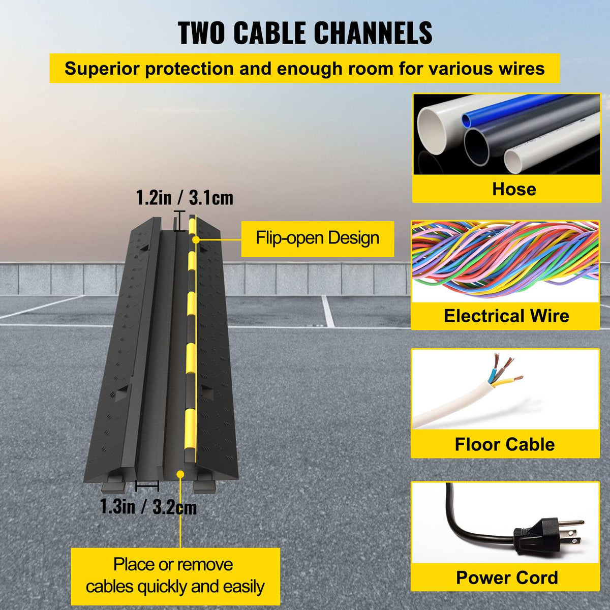 Cable Protector Ramp, 5 Packs 2 Channels Speed Bump Hump, Rubber Modular Speed Bump Rated 11000 LBS Load Capacity, Protective Wire Cord Ramp Driveway Rubber Traffic Speed Bumps Cable Protector