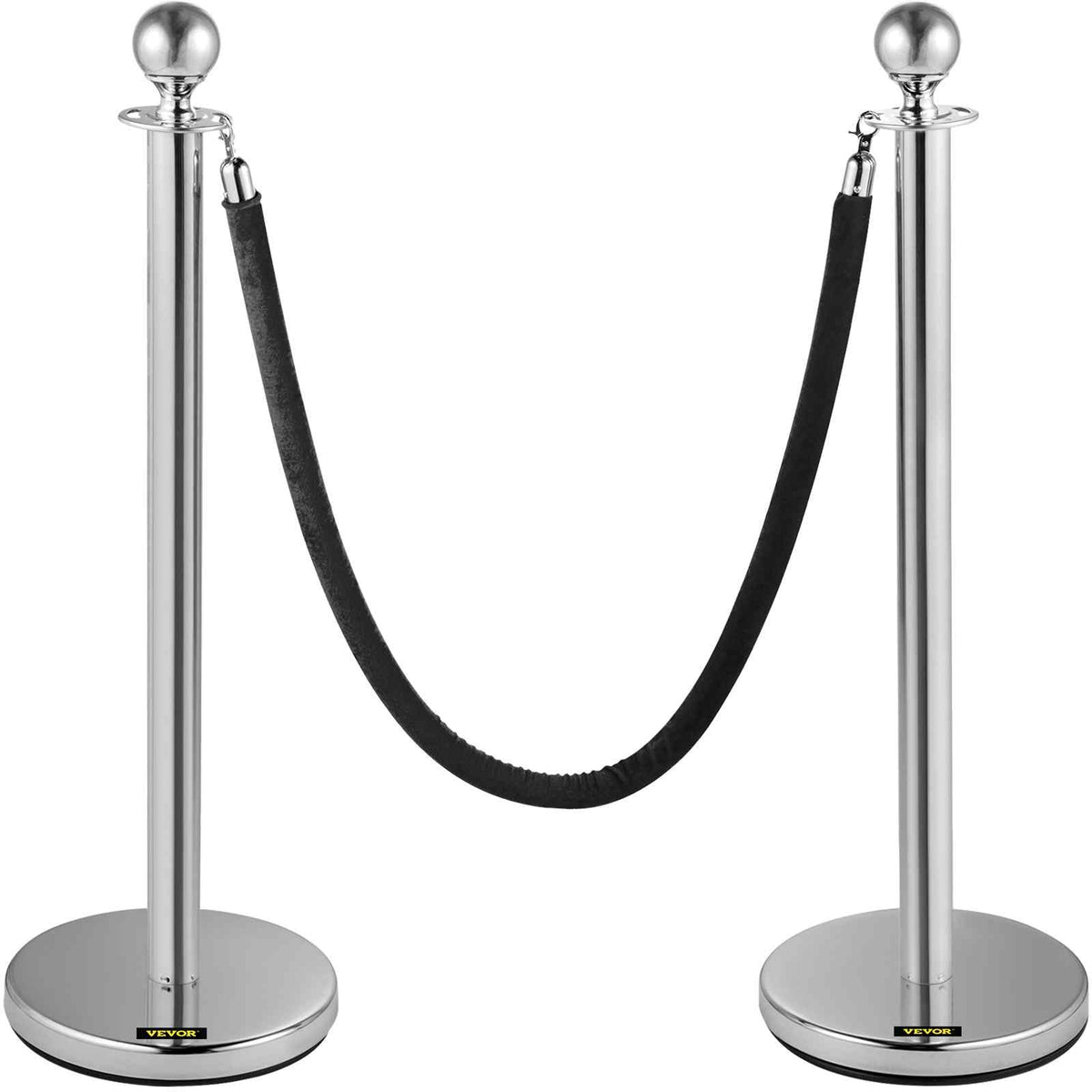 Crowd Control Stanchion, Set of 2 Pieces Stanchion, Stanchion Set with 5 ft/1.5 m Black Velvet Rope, Silver Crowd Control Barrier with Sturdy Concrete and Metal Base – Easy Connect Assembly