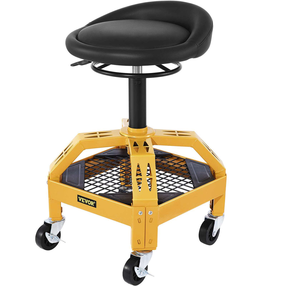 Rolling Garage Stool, 300LBS Capacity, Adjustable Height from 24 in to 28.7 in, Mechanic Seat with 360-degree Swivel Wheels and Tool Tray, for Workshop, Auto Repair Shop, Yellow