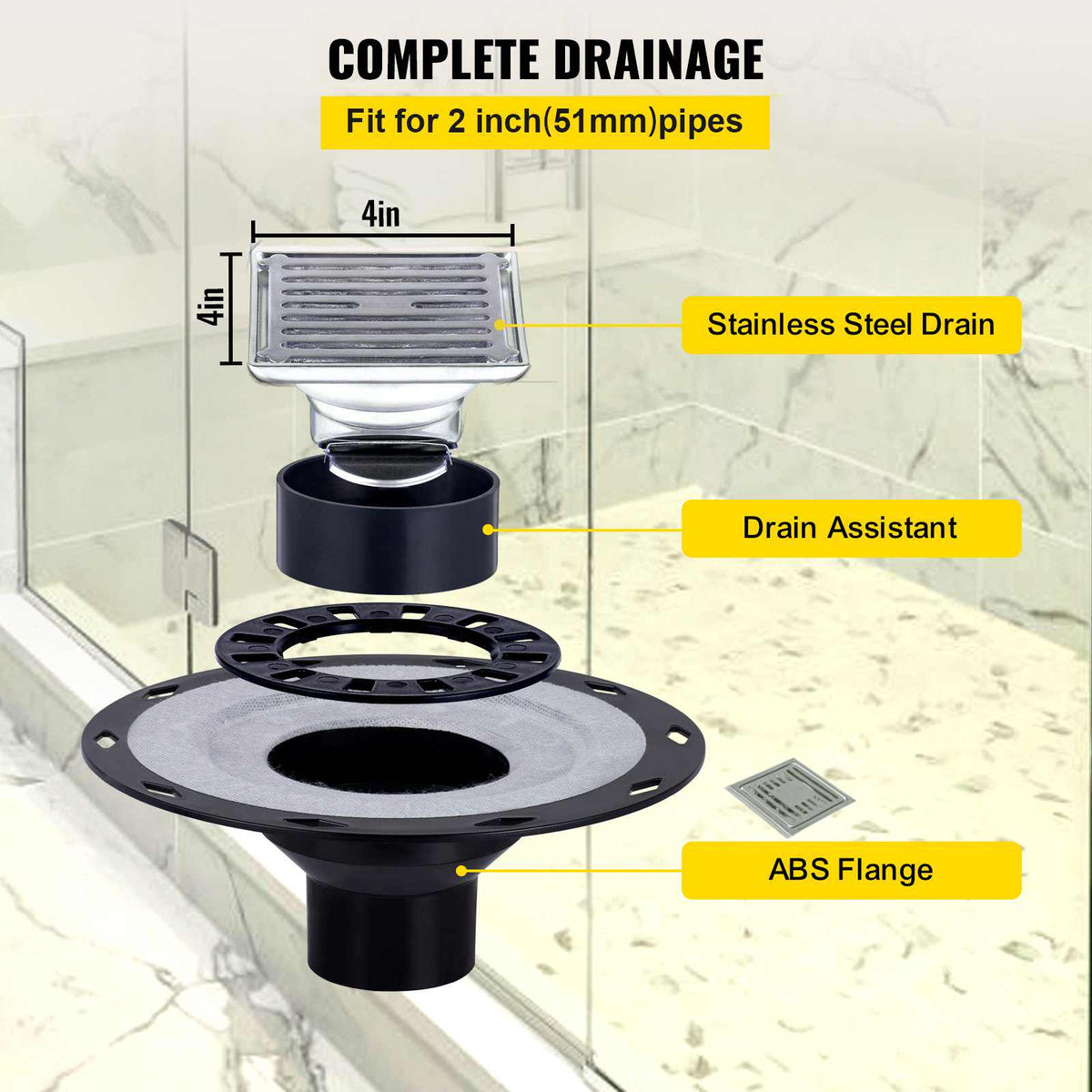 Shower Curb Kit, 38\"x60\" Watertight Shower Curb Overlay with 4\" ABS Central Bonding Flange, 4\" Stainless Steel Grate, 2 Cuttable Shower Curb and Trowel, Shower Pan Slope Sticks Fit for Bathr
