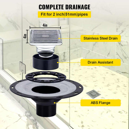 Shower Curb Kit, 38\"x60\" Watertight Shower Curb Overlay with 4\" ABS Central Bonding Flange, 4\" Stainless Steel Grate, 2 Cuttable Shower Curb and Trowel, Shower Pan Slope Sticks Fit for Bathr