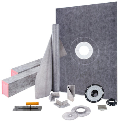 Shower Curb Kit, 38\"x60\" Watertight Shower Curb Overlay with 4\" PVC Central Bonding Flange, 4\" Stainless Steel Grate, 2 Cuttable Shower Curb and Trowel, Shower Pan Slope Sticks Fit for Bathr