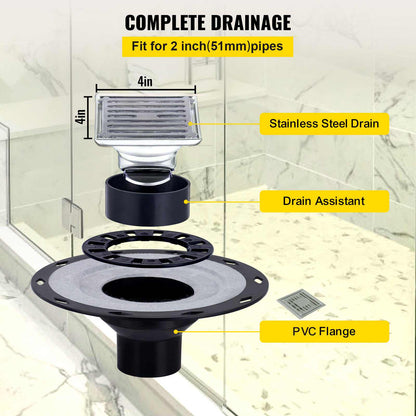 Shower Curb Kit 38\" x 60\" Watertight Shower Curb Overlay with 4\" PVC Offset Bonding Flange, 4\" Stainless Steel Grate, 2 Cuttable Shower Curb and Trowel, Shower Pan Slope Sticks Fit for Bathr