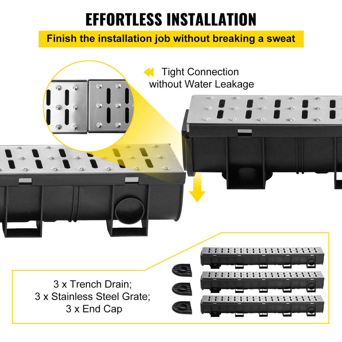 Trench Drain System, Channel Drain with Metal Grate, 5.9x5.1-Inch HDPE Drainage Trench, Black Plastic Garage Floor Drain, 3x39 Trench Drain Grate, with 3 End Caps, for Garden, Driveway-3 Pack