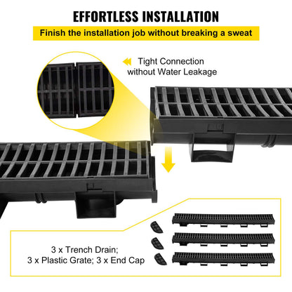 Trench Drain System, Channel Drain with Plastic Grate, 5.7x3.1-Inch HDPE Drainage Trench, Black Plastic Garage Floor Drain, 3x39 Trench Drain Grate, with 3 End Caps, for Garden, Driveway-3 Pack