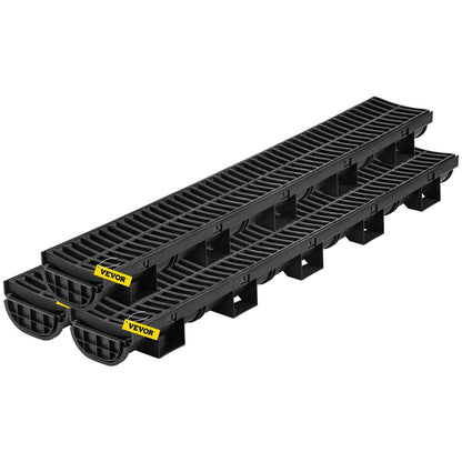 Trench Drain System, Channel Drain with Plastic Grate, 5.7x3.1-Inch HDPE Drainage Trench, Black Plastic Garage Floor Drain, 3x39 Trench Drain Grate, with 3 End Caps, for Garden, Driveway-3 Pack