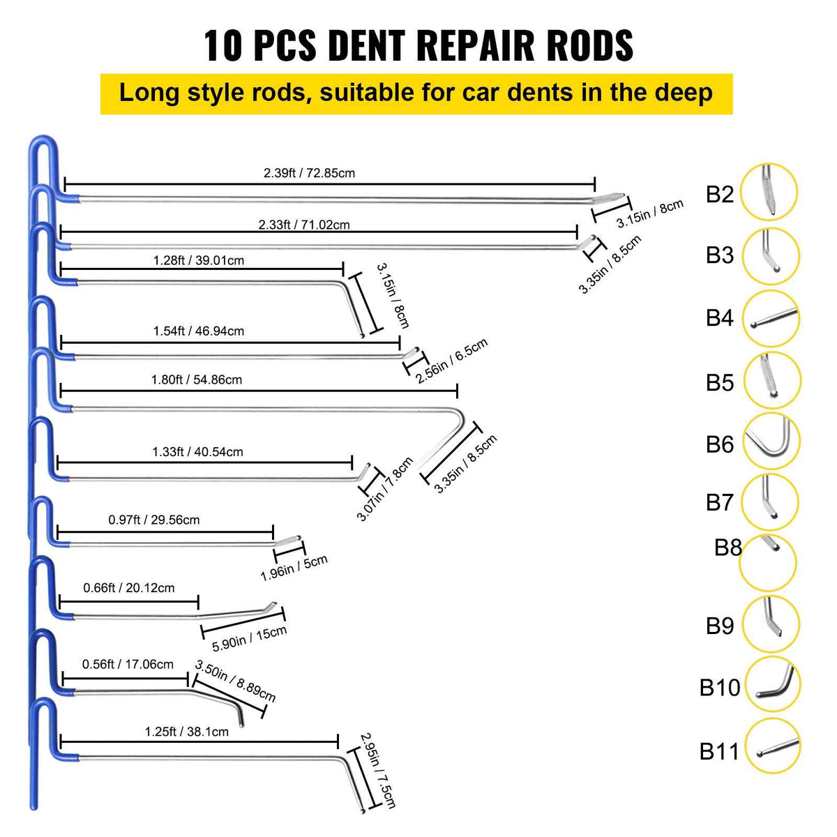 Rods Dent Removal Kit, 20 Pcs Paintless Dent Repair Rods, Stainless Steel Dent Rods, Whale Tail Dent Repair Tools, Professional Hail Dent Removal Tool For Minor Dents, Door Dings And Hail Damage