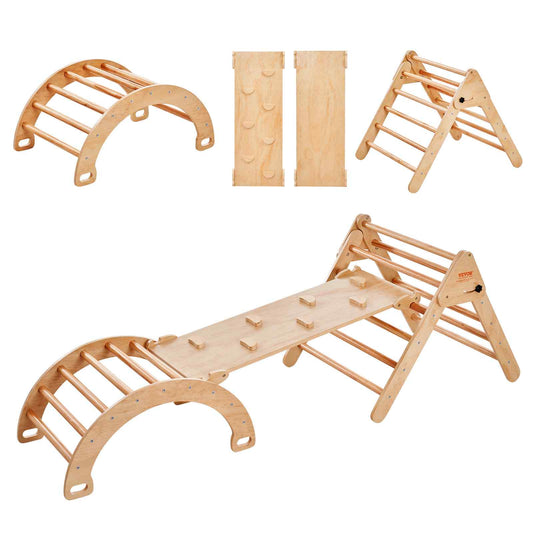 Pikler Triangle Set, 5 in 1 Toddler Climbing Toys Indoor Playground, Ramp, and Arch, Montessori Climbing Set with Triangle, Large Size Wooden Climbing Gym for Toddlers 1-3 Years, Wood Color