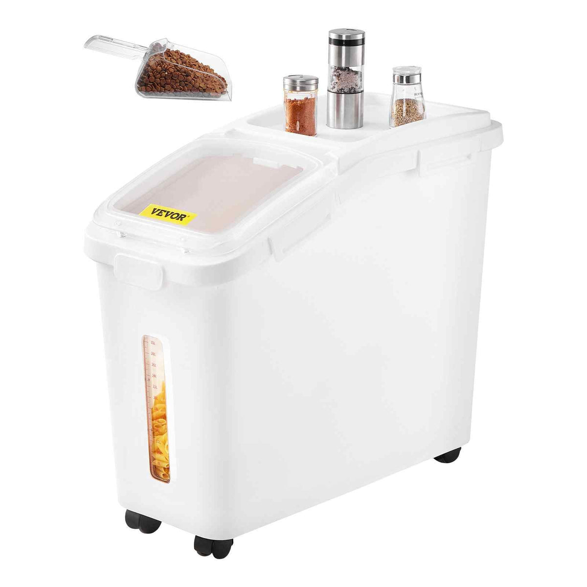 Rice Storage Container, 11.4Gallon/50L Capacity Large Dog Food Dispenser Bin, Kitchen Ingredient Grain Cereal Flour Bin, Pet food Containers with Wheels, Scoop, Scale Line, Airtight Lid, 1 Pack