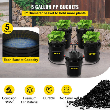 DWC Hydroponic System, 5 Gallon 5 Buckets, Deep Water Culture Growing Bucket, Hydroponics Grow Kit with Pump, Air Stone and Connected Reservoir, for Indoor/Outdoor Leafy Vegetables