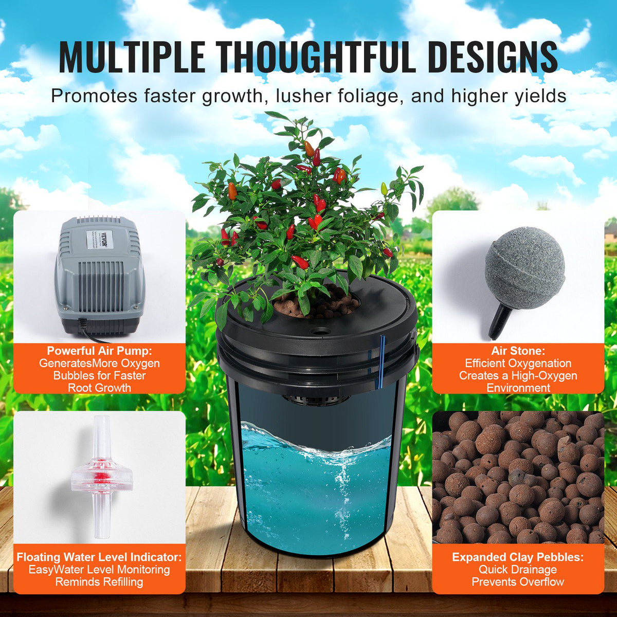 DWC Hydroponic System, 5 Gallon 8 Buckets, Deep Water Culture Growing Bucket, Hydroponics Grow Kit with Pump, Air Stone and Water Level Device, for Indoor/Outdoor Leafy Vegetables