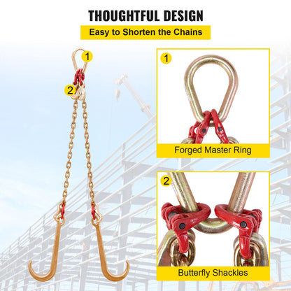 G80 V Bridle Chain, 5/16" x 2' Towing Chain Bridle with 15" J Hooks, T Hooks & Grab Hooks, Heavy Duty Transport Chain Bridle with 10800 lbs Safe Working Load for Flatbed Truck Wrecker Recovery