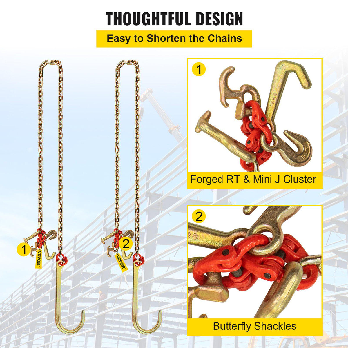 J Hook Chain, 2PCS 5/16" x 10' G80 15" Long Shank J Hook Tow Chain with RTJ Cluster Hook & Grab Hook, 5400 lbs Working Load, Heavy Duty Transport Truck Chain for Wrecker Recovery Trailer Towing