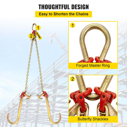 G80 V Bridle Chain, 5/16" x 2' Towing Chain Bridle with 15" J Hooks, R Hooks & Grab Hooks, Heavy Duty Transport Chain Bridle with 10800 lbs Safe Working Load for Flatbed Truck Wrecker Recovery