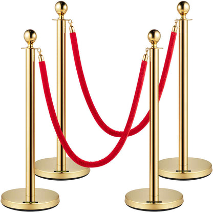 Velvet Ropes and Posts, 5 ft/1.5 m Red Rope, Stainless Steel Gold Stanchion with Ball Top, Red Crowd Control Barrier Used for Theaters, Party, Wedding, Exhibition, Ticket Offices 4 packSets