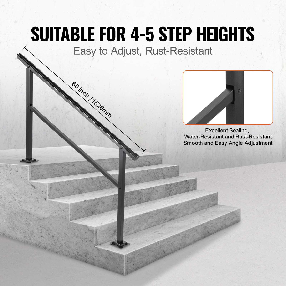 Outdoor Handrail 165LBS Load Handrail Outdoor Stairs Aluminum Stair Handrail 60 x 35" Outdoor Stair Railing Transitional Range from 0 to 30° Staircase Handrail Fits 4-5 Steps with Screw Kit