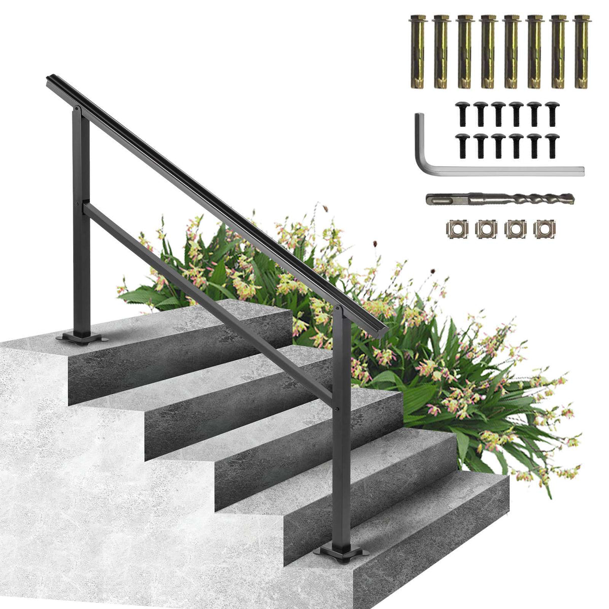 Outdoor Handrail 165LBS Load Handrail Outdoor Stairs Aluminum Stair Handrail 60 x 35" Outdoor Stair Railing Transitional Range from 0 to 30° Staircase Handrail Fits 4-5 Steps with Screw Kit