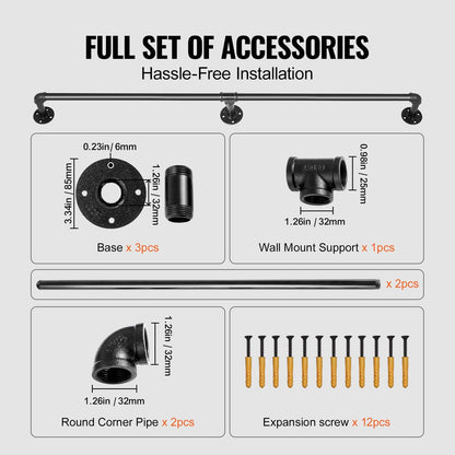 Pipe Stair Handrail, 4FT Staircase Handrail, 440LBS Load Capacity Carbon Steel Pipe Handrail, Industrial Pipe Handrail with Wall Mount Support, Round Corner Wall Handrailings for Indoor, Outdoor