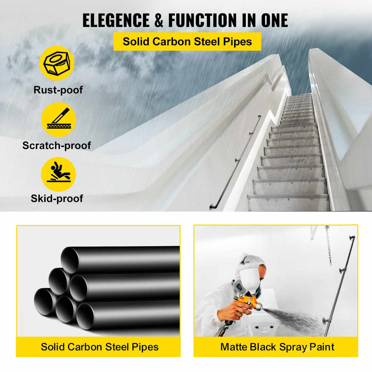 Pipe Stair Handrail, 9FT Staircase Handrail, 440LBS Load Capacity Carbon Steel Pipe Handrail, Industrial Pipe Handrail with Wall Mount Support, Round Corner Wall Handrailings for Indoor, Outdoor
