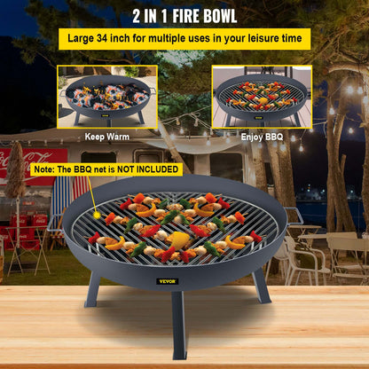 Fire Pit Bowl, 34-Inch Diameter Round Carbon Steel Fire Bowl, Wood Burning for Outdoor Patios, Backyards & Camping Uses, with A Drain Hole, Portable Handles and A Firewood Stick, Black