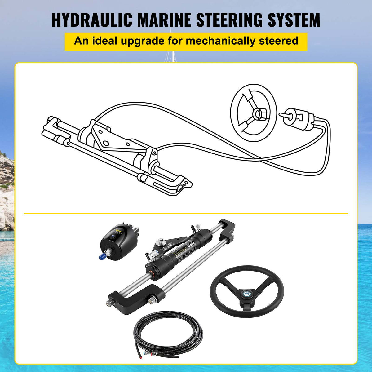 300HP Hydraulic Boat Steering Kit, Hydraulic Steering Helm Pump, Aluminum Alloy Steering Cylinder, 13.5" Steering Wheel with 10" Hydraulic Steering Hose for Boat Steering System