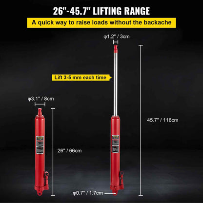Hydraulic Long Ram Jack, 3 Tons/6600 lbs Capacity, with Single Piston Pump and Clevis Base, Manual Cherry Picker with Handle, for Garage/Shop Cranes, Engine Lift Hoist, Red