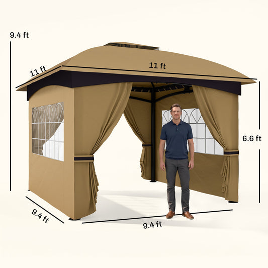 11' x 11' Outdoor Gazebo, Double Roof Patio Gazebo with Curtains, Church Windows, Galvanized Steel Frame, Beige